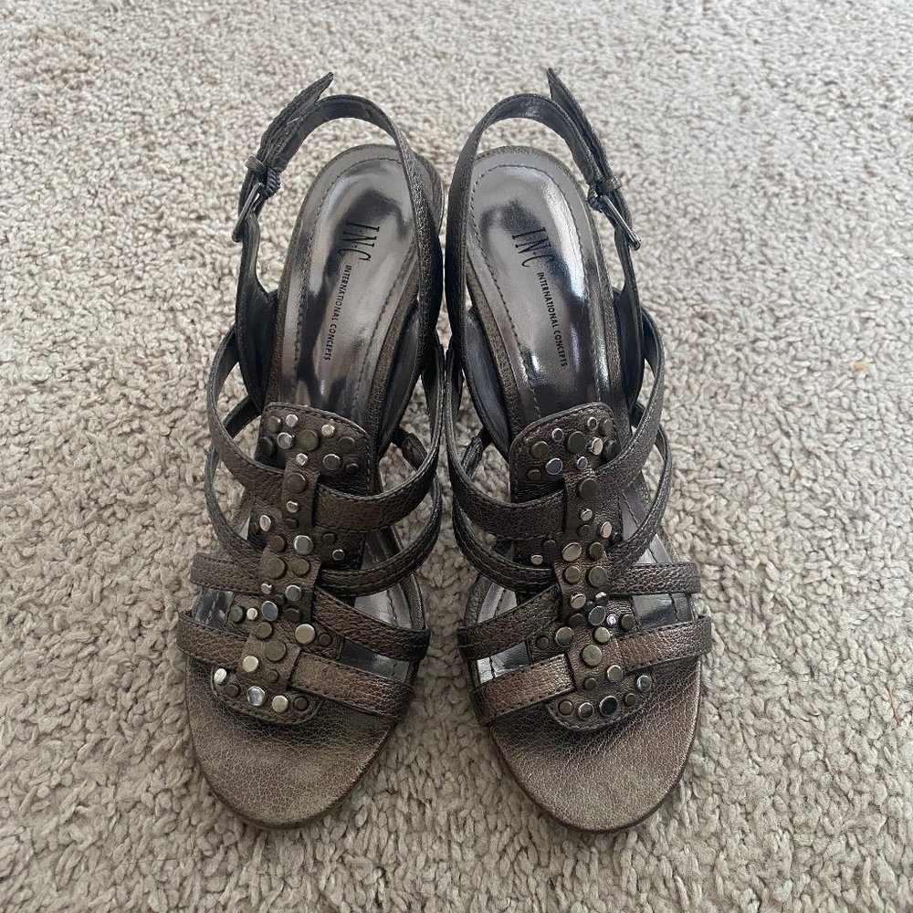 INC Pewter Strappy Sandals with Silver Embellishments – Wooden Heels – Sz 6